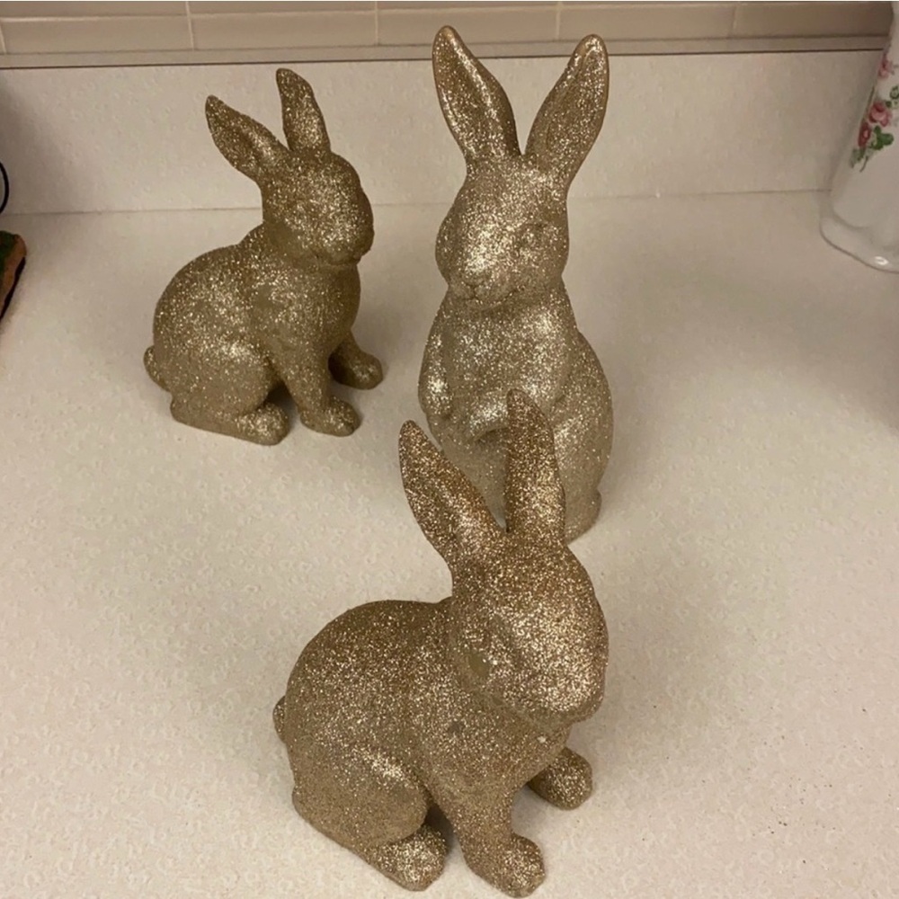 Set of Three Gold Glitter Bunny Figurines